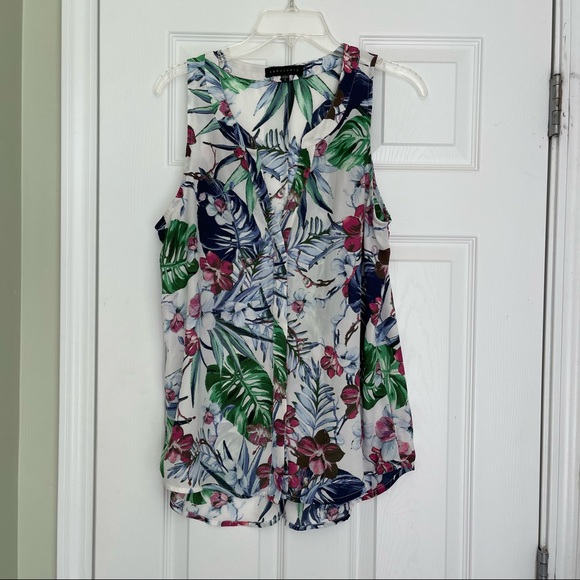 Tropical floral button down sleeveless top, palm leaf hibiscus print - Picture 1 of 5